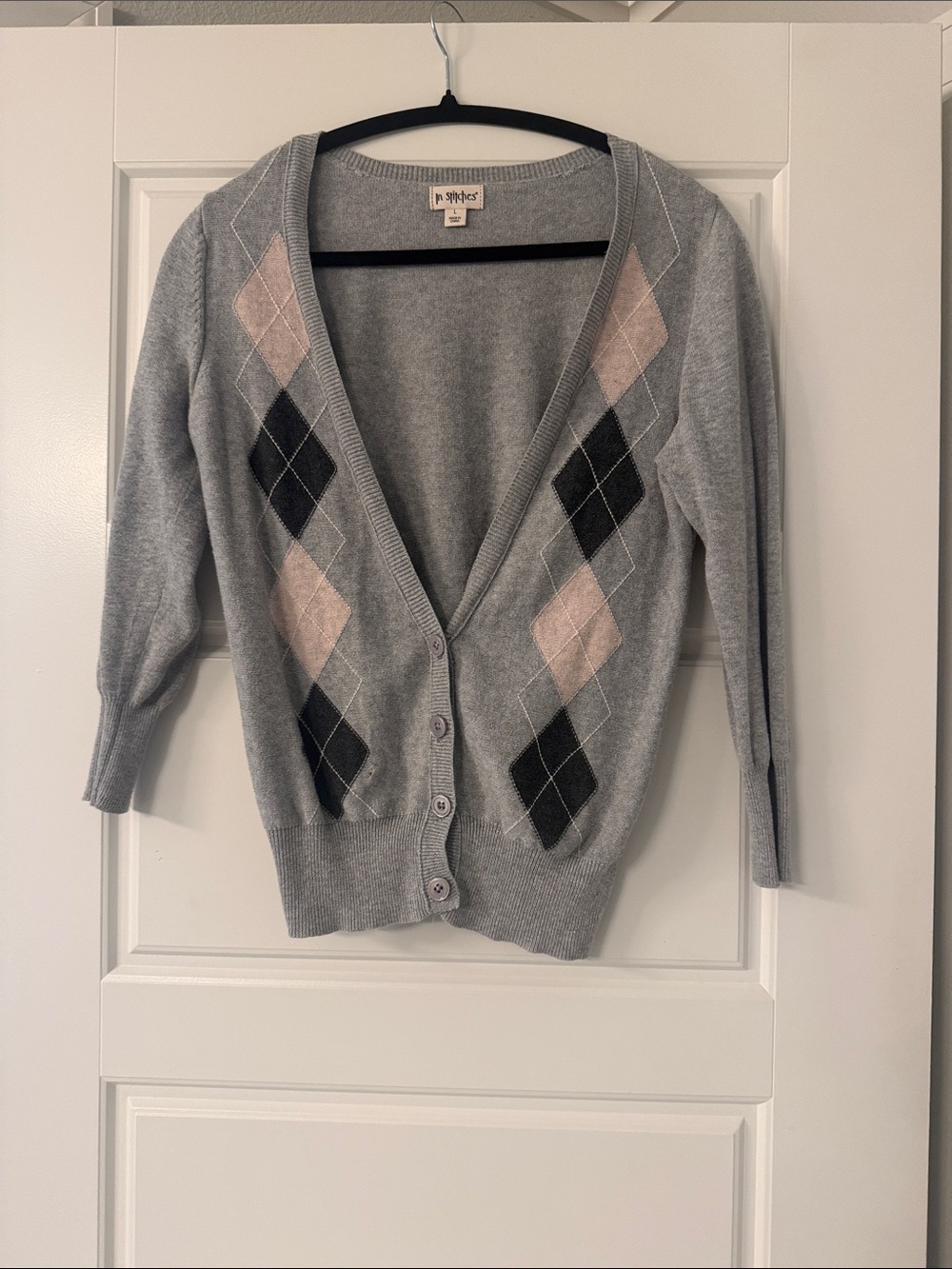 “In stitches”Gray Argyle Button-Front Cardigan Sweater size L